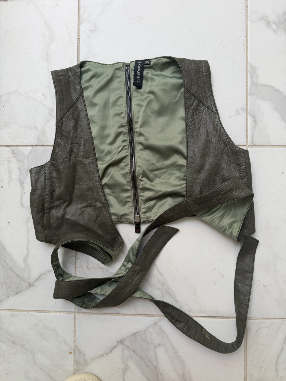 Skingraft Olive Green Leather-Trim Zip Front Vest